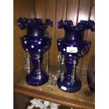 Pair of Victorian blue glass lustre drop vases Catalogue only, live bidding available via our