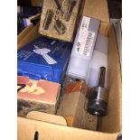 A box of misc tools and bits to include boxed double headed cutter, milling arbors, spanners, bolts,