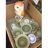 Small box of Wedgwood jasper ware and a Beswick owl Catalogue only, live bidding available via our