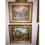 John Corcoran, winter and summer country cottage scenes, pair of oil on boards, signs lower left and