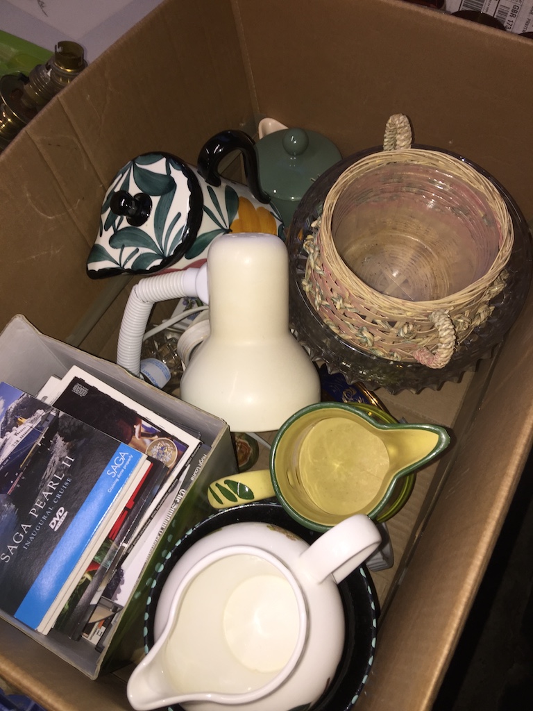 Box of pottery and other items Catalogue only, live bidding available via our website, if you