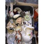 Box of pottery inc Royal Doulton character jug etc. Catalogue only, live bidding available via our