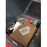 A metal box containing small items of garage ware, sander attachment, drills etc Catalogue only,