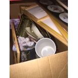 A box of pottery, ornaments, pictures, clock, etc. Catalogue only, live bidding available via our