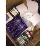 Box with boxed china and glass items Catalogue only, live bidding available via our website, if