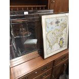 A reproduction 16th century map of Lancashire and a small modern mirror Catalogue only, live bidding