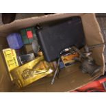 A box of misc power tools, drills, jigsaw, cordless screwdriver, wrench, etc. Catalogue only, live