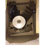 A box containing pipe vice and cross sliders Catalogue only, live bidding available via our website,