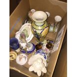 Box of china ornaments and pottery vases Catalogue only, live bidding available via our website,