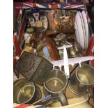 A box of misc pottery, pewter tankards, etc. Catalogue only, live bidding available via our website,