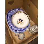 Box with Royal Doulton bowl and two blue and white platters etc. Catalogue only, live bidding