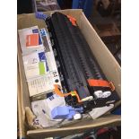 A box of ink cartridges and photo copy paper. Catalogue only, live bidding available via our