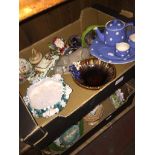 Box of coloured pottery Catalogue only, live bidding available via our website, if you require P&P
