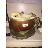 Wooden bowl, stole, cap and brass trays Catalogue only, live bidding available via our website, if