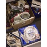 Box of pottery jugs, aynsley plates and part canteen of cutlery etc. Catalogue only, live bidding