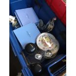 Large blue plastic box with boxed Wedgwood plates, decanter, knight figure etc. Catalogue only, live