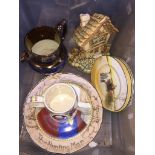 Tub of Royal Doulton pottery, lustre jug etc. Catalogue only, live bidding available via our