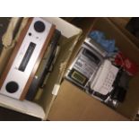 A box of electrical items including Bush micro hifi, house telephones, Derens turntable / radio,
