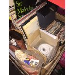 A box of misc to include LPs, tea pot, 45's, etc Catalogue only, live bidding available via our