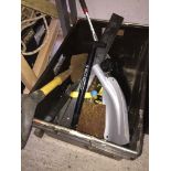 A box containing shovels and a hand winch Catalogue only, live bidding available via our website, if