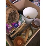 A large box of misc to include brass jam pan, enameled bin, household cleaning products, etc.