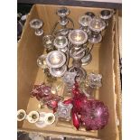 Box with plated candlestands and glass items Catalogue only, live bidding available via our website,