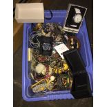 Blue tub of costume jewellery Catalogue only, live bidding available via our website, if you require