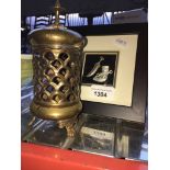 Miniature framed dagger and a brass censer Catalogue only, live bidding available via our website,