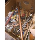 A box of misc items to include copper pipe, brass fittings, flexible connectors, etc Catalogue only,