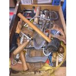 A wooden box of tools. Catalogue only, live bidding available via our website, if you require P&P