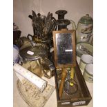 EPNS adjustable candlesticks and cutlery etc, flat iron and small wooden box and contents