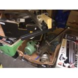 3 boxes containing motors, part pillar drill, Triton finger jointer + other bits and a DC400