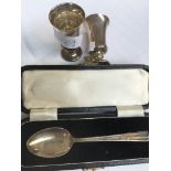 Boxed silver spoon and pair of small silver vases Catalogue only, live bidding available via our