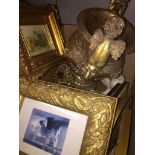 A box of misc to include gilt urn with cherubs, gilt framed pictures, cherub ornaments, etc.