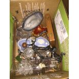 Box with glass, Wedgwood and shp in a bottle etc. Catalogue only, live bidding available via our