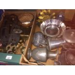 Two boxes of pewter, copper, brass, silver plate, etc Catalogue only, live bidding available via our