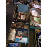 3 boxes of misc to include empty tins, alarm clock, tobaco, first aid wooden box, a metal case, shoe