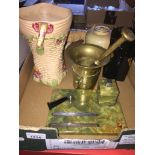 Box of items inc. brass mortar and pestle, onyx desk stand and pottery Catalogue only, live