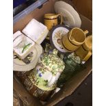 A box of misc pottery, few collector's plates, glass vase, Sadler ware, etc. Catalogue only, live