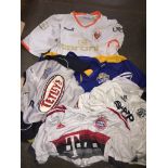 5 football and rugby shirts - 2 Leeds rugby shirts and 1 Bayern Munich, Man United and Blackpool.