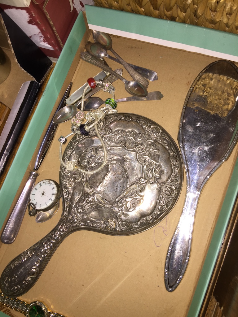 Tray of scrap silver and a silver pocket watch Catalogue only, live bidding available via our