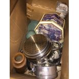 A box of kitchenware, stoneware bottle, etc. Catalogue only, live bidding available via our website,