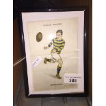 A framed silk picture of a Warrington Rugby player. Catalogue only, live bidding available via our