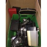 A box of cameras, accessories, binoculars, Ilford Sportsman, Yashica FRII, etc Catalogue only,