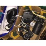 A box of cameras and accessories to include Coronet Ambassador, Chinon CM-3, Brownie 127, Miranda