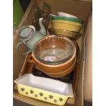 A box of cookware, glass bowls, etc. Catalogue only, live bidding available via our website, if