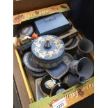 Small box of Wedgwood blue jasper ware etc. inc Hummel figure Catalogue only, live bidding available