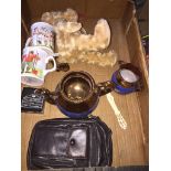 A mixed lot including a teddy bear, copper lustre ware, alarm clock, bone paper knife etc. Catalogue