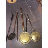 An antique brass chestnut roaster and a brass warming pan, etc. Catalogue only, live bidding