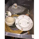 A box of pottery, wicker basket, glass, etc. Catalogue only, live bidding available via our website,